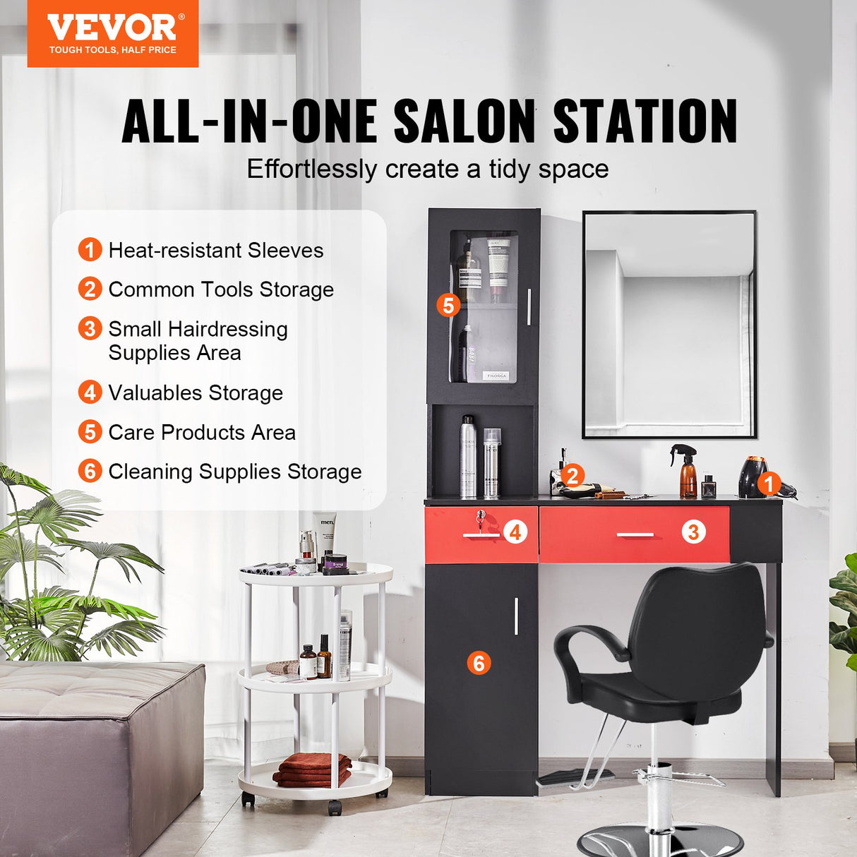 VEVOR Salon Station, Wall Mount Barber Salon Station for Hair Stylist, Beauty Spa Furniture Set, 1 Storage Cabinet, 3 Cubbies and 2 Drawers(One