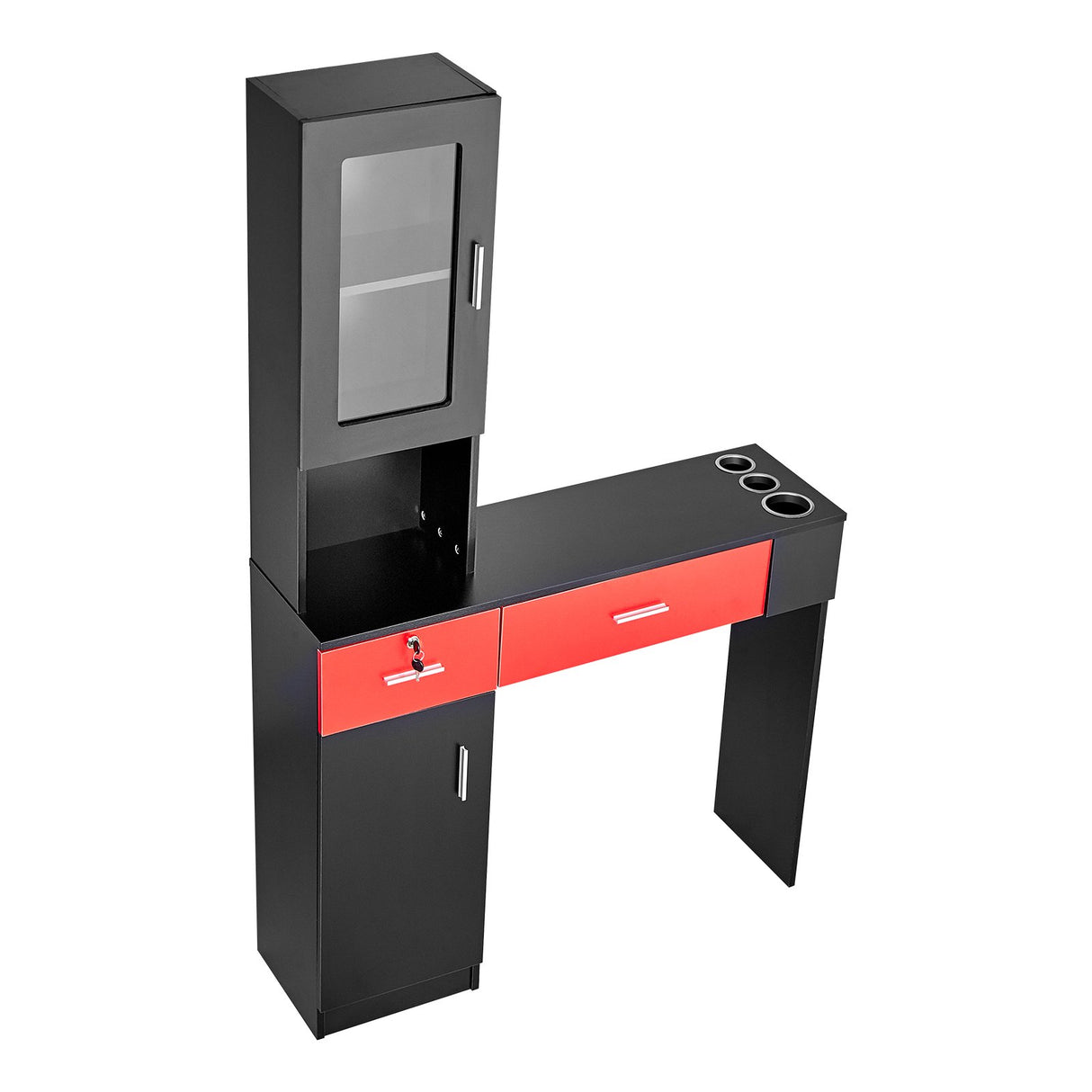 VEVOR Salon Station, Wall Mount Barber Salon Station for Hair Stylist, Beauty Spa Furniture Set, 1 Storage Cabinet, 3 Cubbies and 2 Drawers(One Lockable), Black and Red