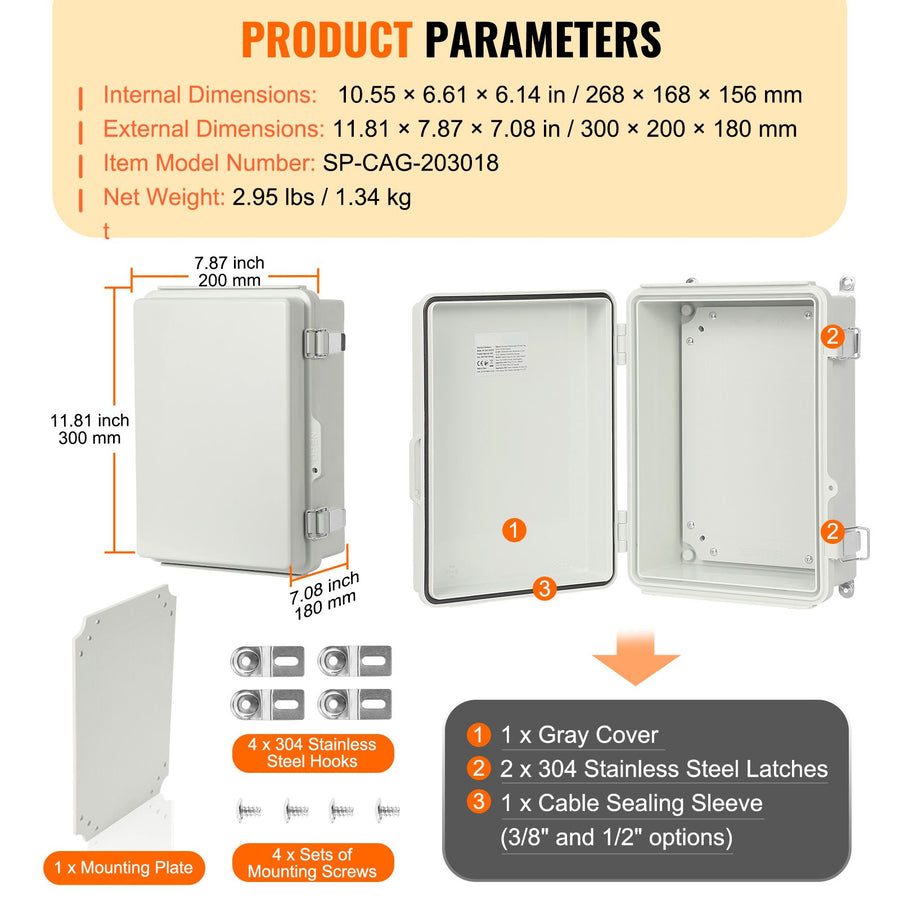 Outdoor Electrical Junction Box, 300 x 200 x 180 mm, ABS Plastic Electrical Enclosure Box with Hinged Cover Stainless Steel Latch, IP67 Dustproof Waterproof for Outdoor Electrical Projects