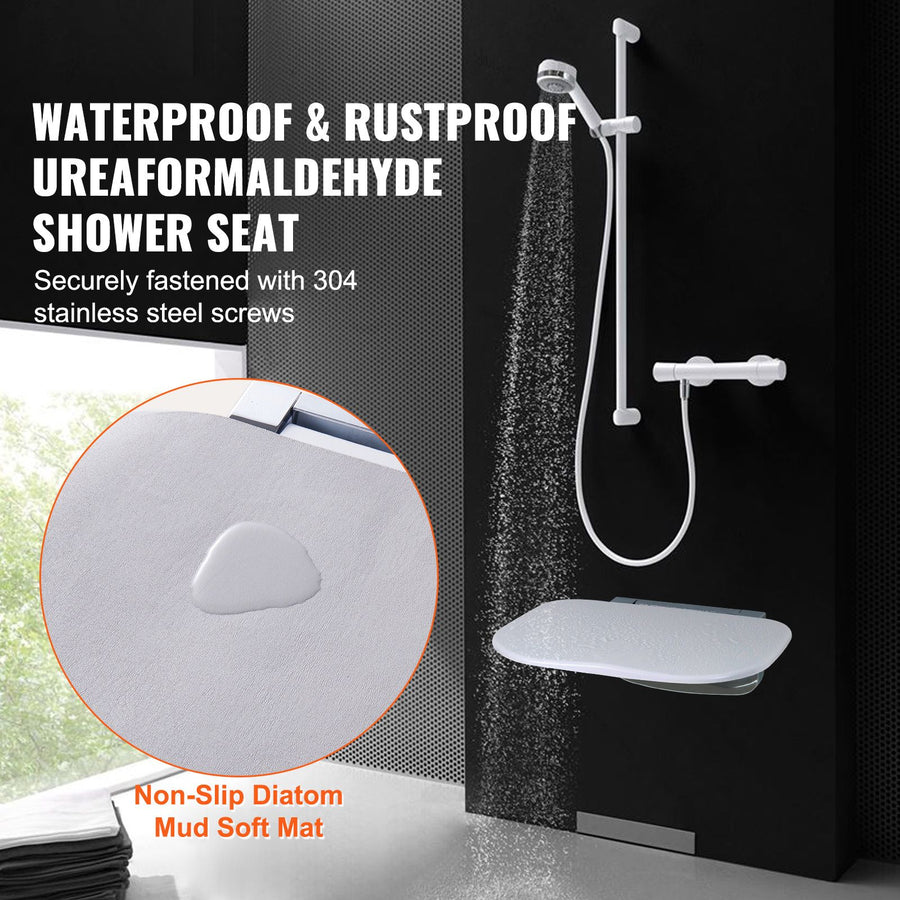 Urea-formaldehyde Folding Shower Seat, 13.6'' x 12.8'' Unfolded, Wall Mounted Fold Up Shower Bench with 450 lbs Load Capacity, Space Saving Fold Down Shower Chair for Seniors Children Adults