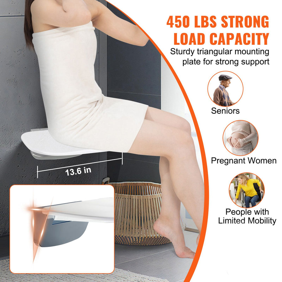 Urea-formaldehyde Folding Shower Seat, 13.6'' x 12.8'' Unfolded, Wall Mounted Fold Up Shower Bench with 450 lbs Load Capacity, Space Saving Fold Down Shower Chair for Seniors Children Adults