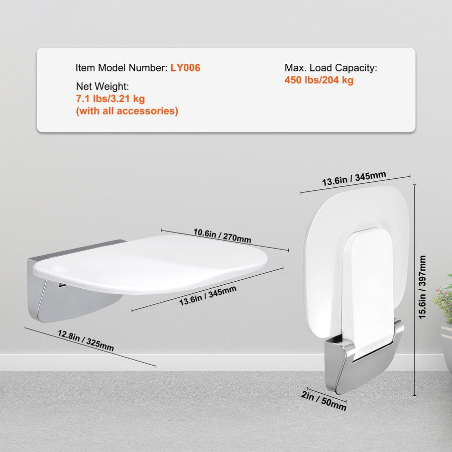 Urea-formaldehyde Folding Shower Seat, 13.6'' x 12.8'' Unfolded, Wall Mounted Fold Up Shower Bench with 450 lbs Load Capacity, Space Saving Fold Down Shower Chair for Seniors Children Adults