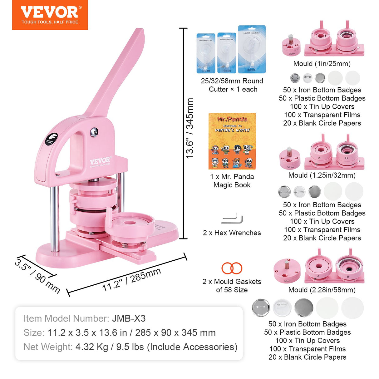 VEVOR Button Maker, 1/1.25/2.28 inch(25/32/58mm) 3-IN-1 Pin Maker, 300pcs Button Parts, Button Maker Machine with Panda Magic Book, Ergonomic Arc Handle Punch Press Kit, For Children DIY Gifts, Pink