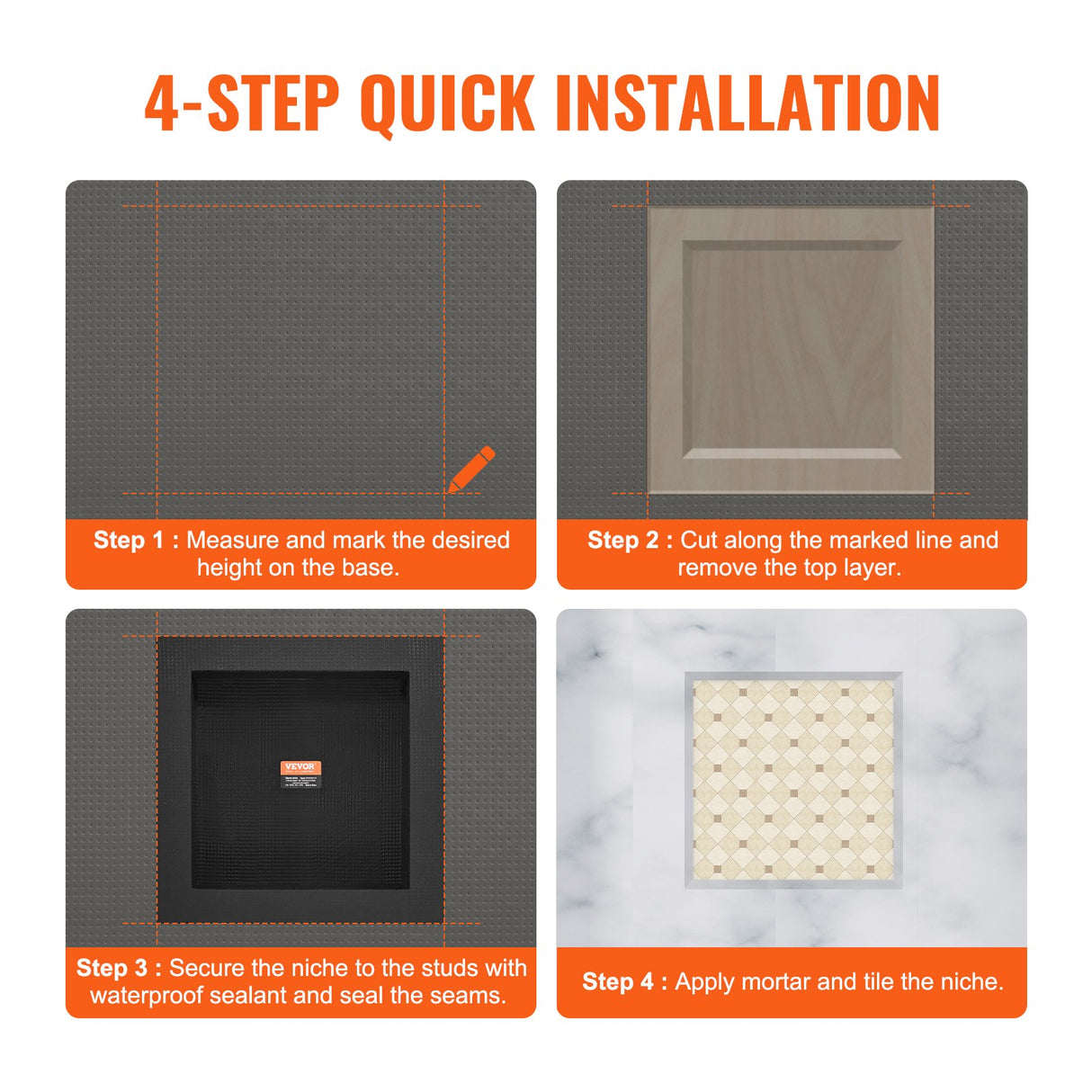 VEVOR Shower Niche Ready for Tile 40.64 x 40.64 cm, Single Shelf Organizer, Square Corners Wall-inserted Niche Recessed, Sealed Protection Modern Soap Storage Niche for Shower Bathroom, Black