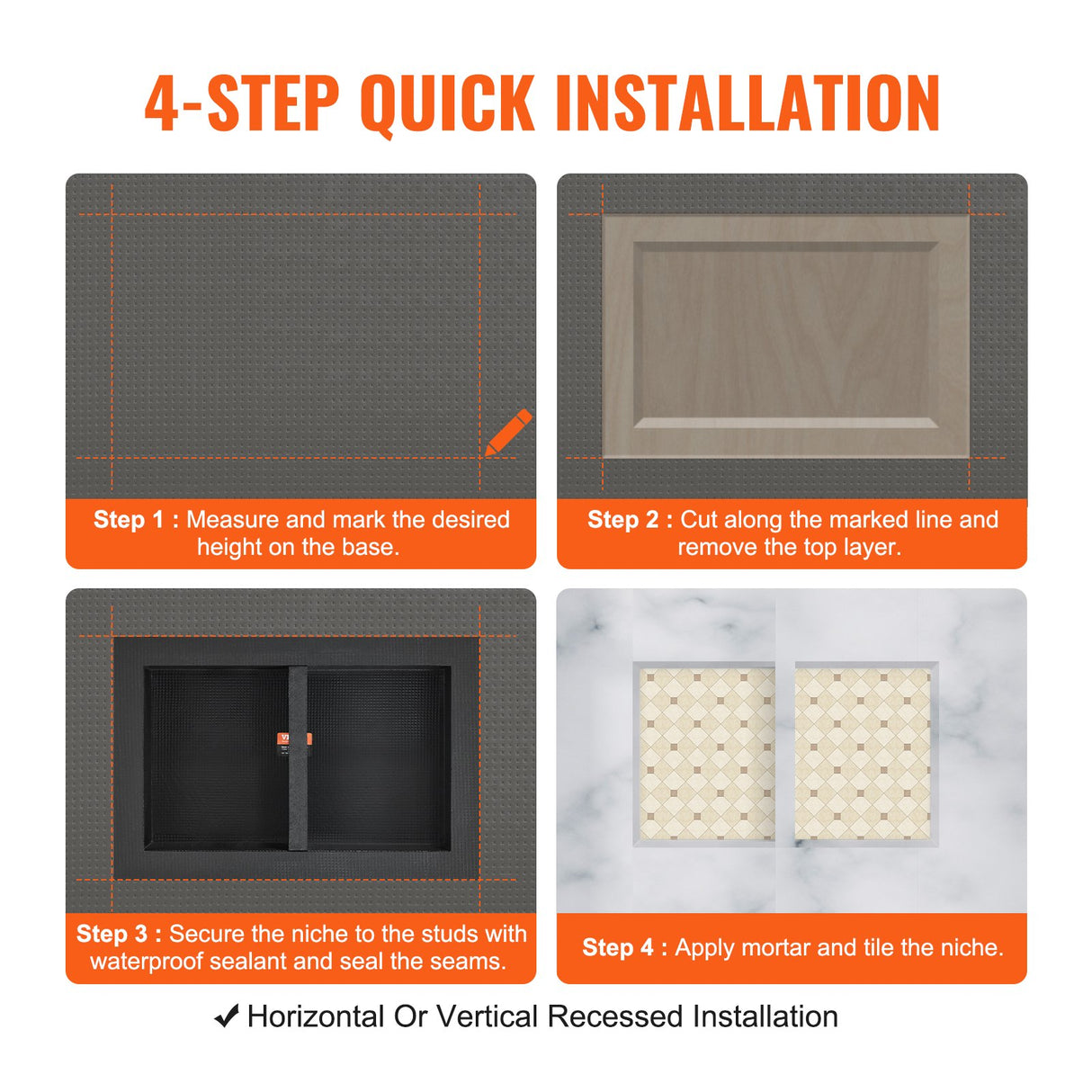 VEVOR Shower Niche Ready for Tile 40.64 x 60.96 cm, 16 x 24 inch Double Shelf Organizer, Square Corners Wall-inserted Niche Recessed, Sealed Protection Modern Soap Storage Niche for Shower Bathroom, Black