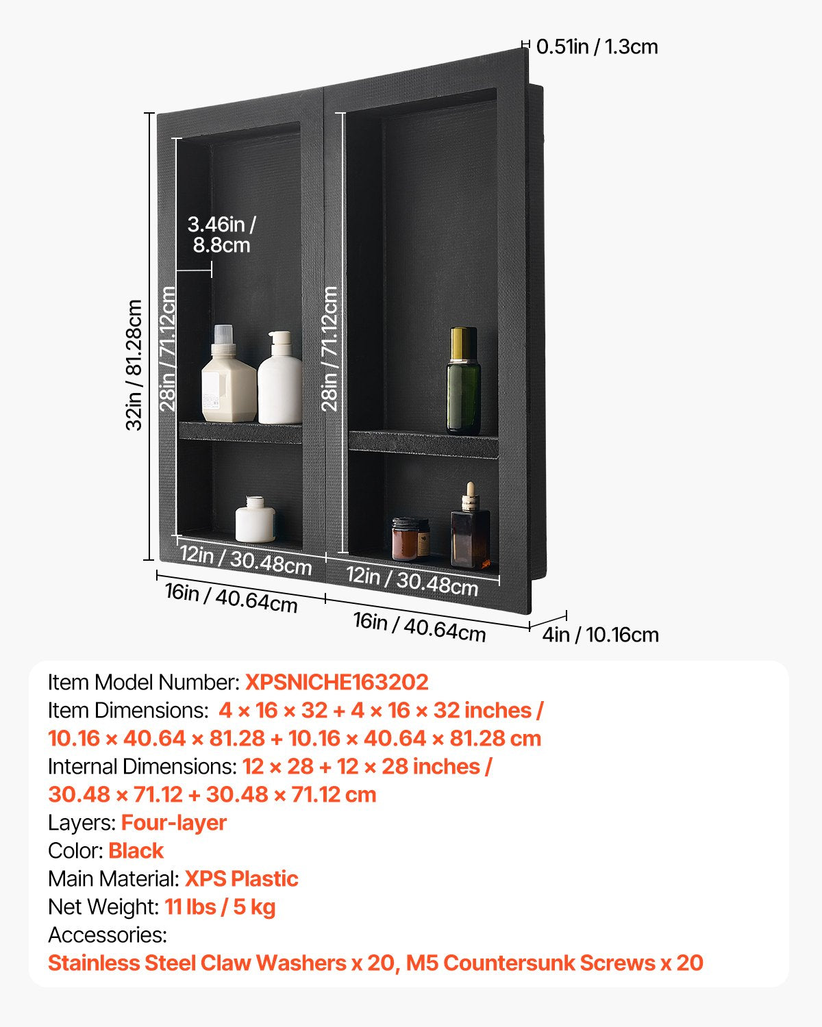 VEVOR Shower Niche 40.6 x 81.3 + 40.6 x 81.3 cm Recessed Wall Shelf Bathroom