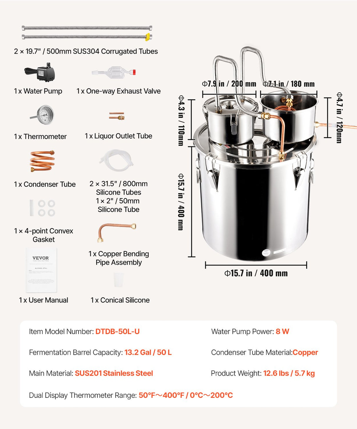 VEVOR Moonshine Still Water Alcohol Distiller 13.2Gal w/Thumper Keg & Water Pump