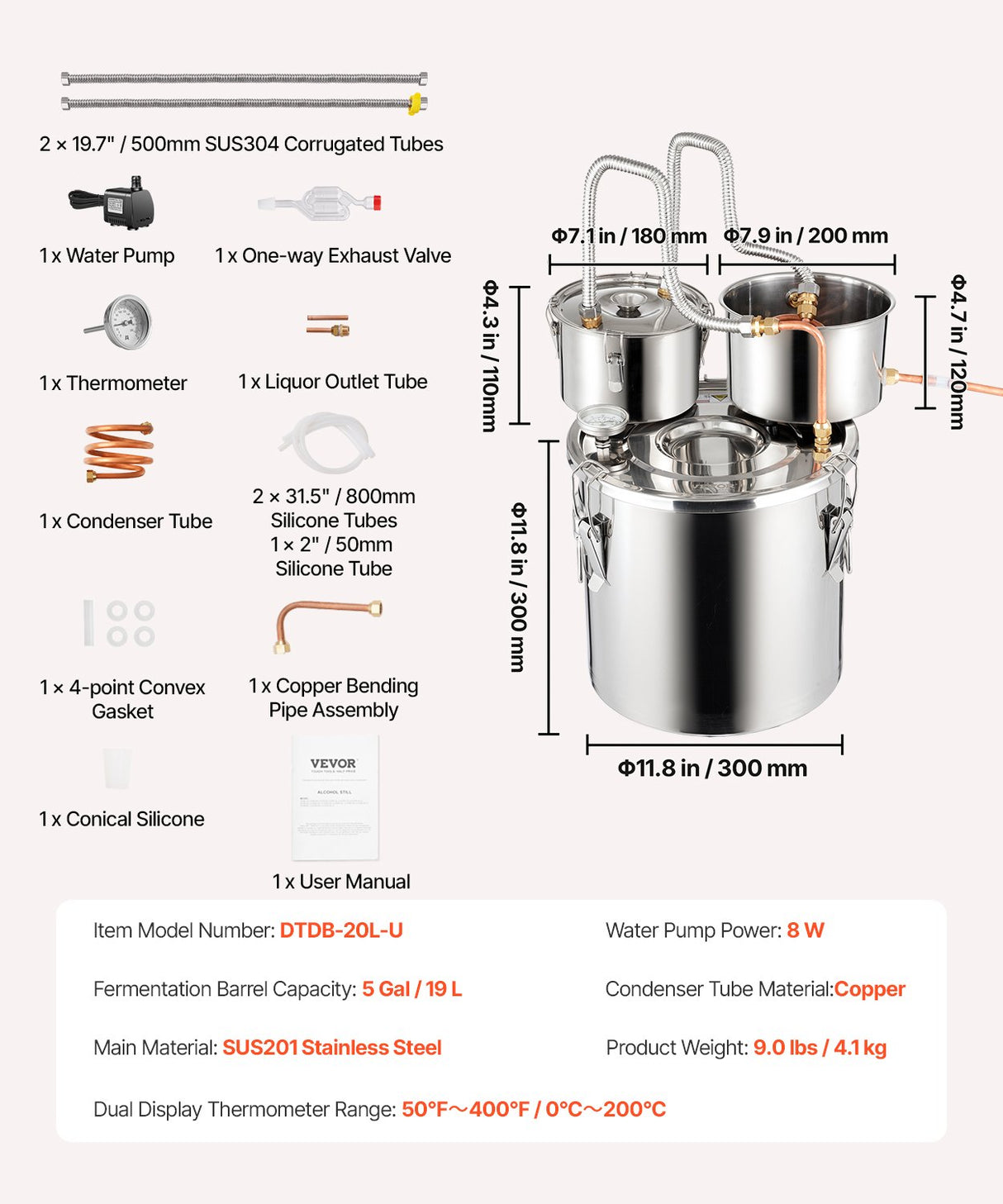 VEVOR Moonshine Still Water Alcohol Distiller 5Gal w/Thumper Keg & 8W Water Pump
