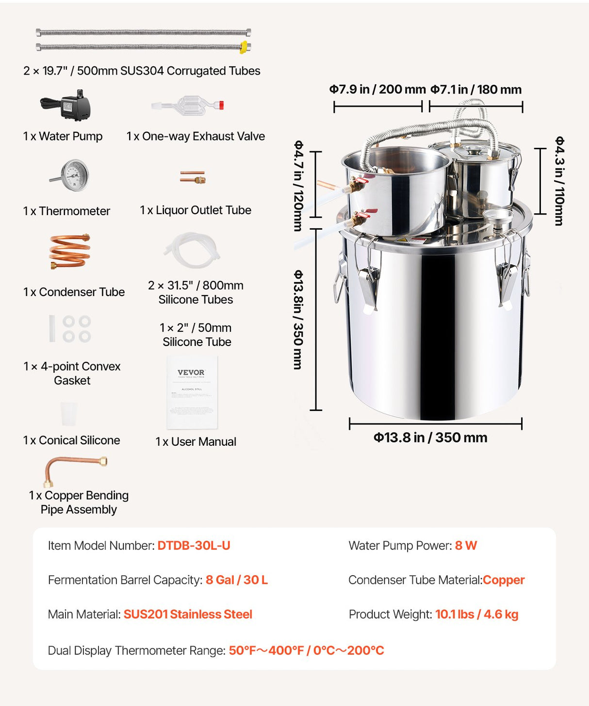 VEVOR Moonshine Still Water Alcohol Distiller 8Gal w/Thumper Keg & 8W Water Pump