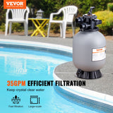 VEVOR Sand Filter, 16-inch, 406.4mm, Up to 35 GPM Flow Rate, Above Inground Swimming Pool Sand Filter System with 7-Way Multi-Port Valve, Filter, Backwash, Rinse, Recirculate, Waste, Winter, Closed Functions - Front View