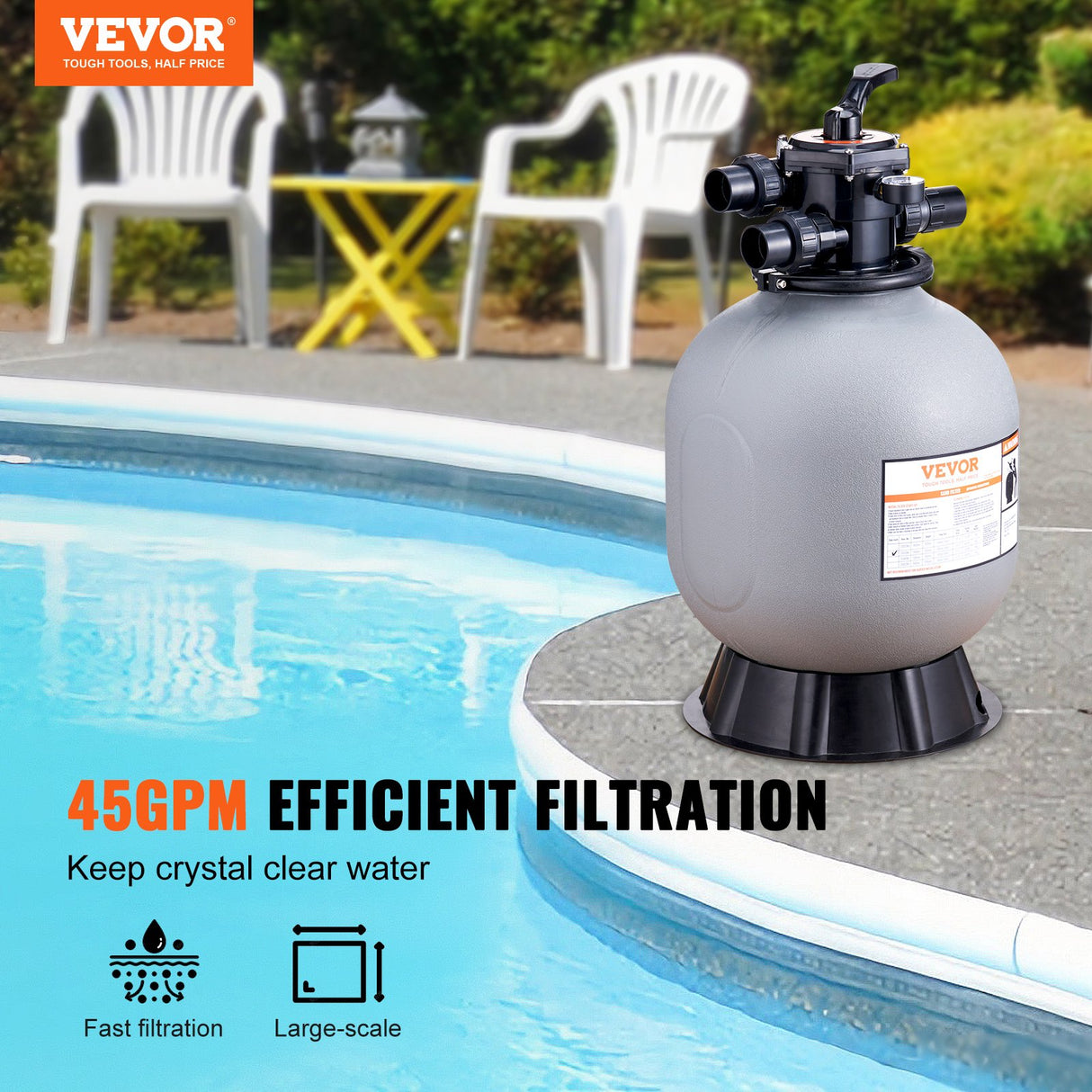 VEVOR Sand Filter, 19-inch, 482.6mm, Up to 45 GPM Flow Rate, Above Inground Swimming Pool Sand Filter System with 7-Way Multi-Port Valve, Filter,