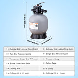 VEVOR Sand Filter, 19-inch, 482.6mm, Up to 45 GPM Flow Rate, Above Inground Swimming Pool Sand Filter System with 7-Way Multi-Port Valve, Filter, Backwash, Rinse, Recirculate, Waste, Winter, Closed Functions - Close-Up Angle