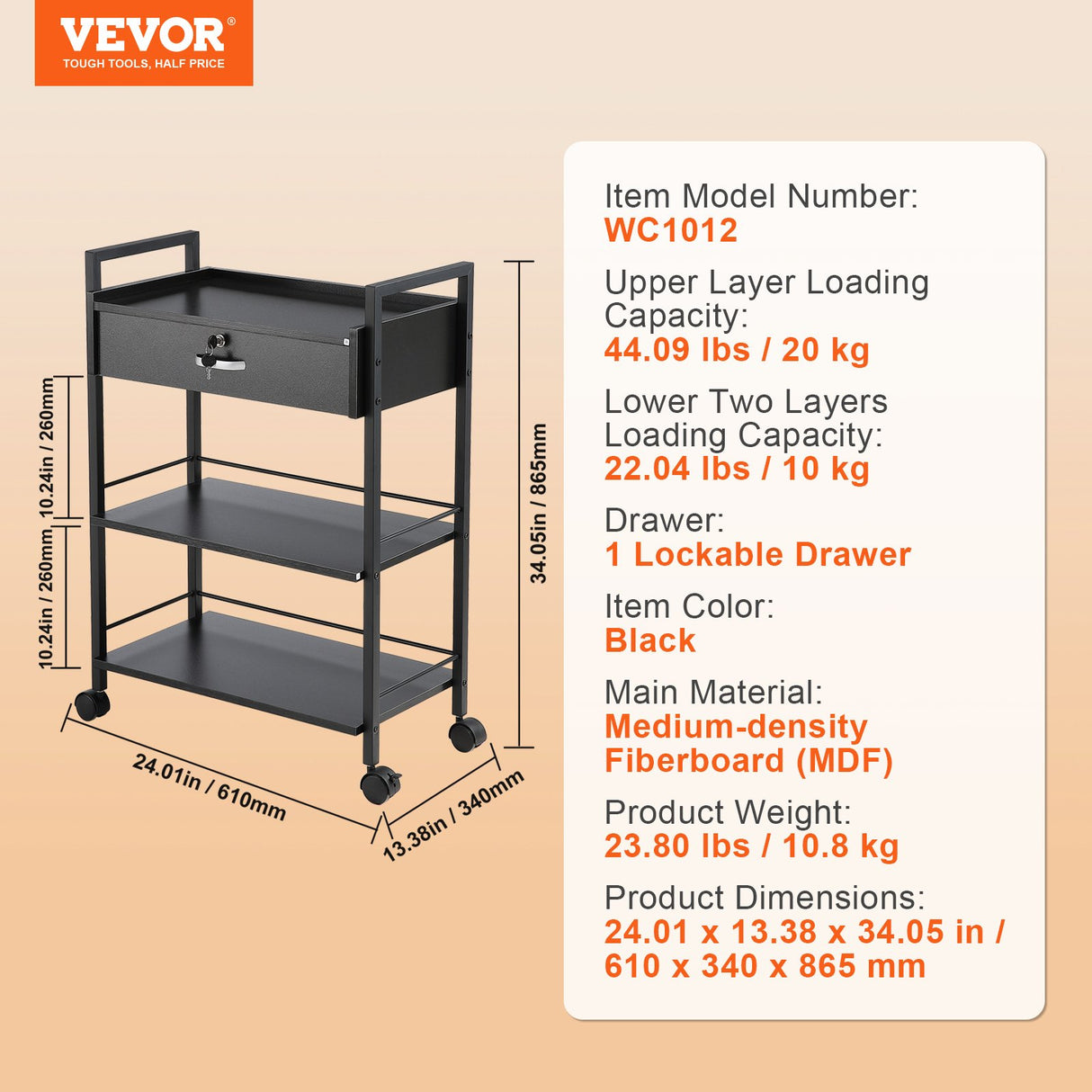 VEVOR Beauty Salon Trolley Cart, 3-Tier Hair Salon Stations Cabinet for Stylist with Lockable Drawer, MDF Rolling Storage Station with 4 Wheels (2