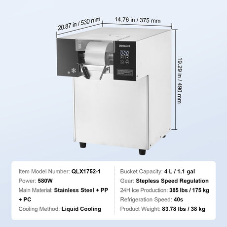 Commercial Snowflake Ice Machine, 385LBS/24H Snowflake Ice Maker, Stainless Steel Ice Shaver Machine,, image 7