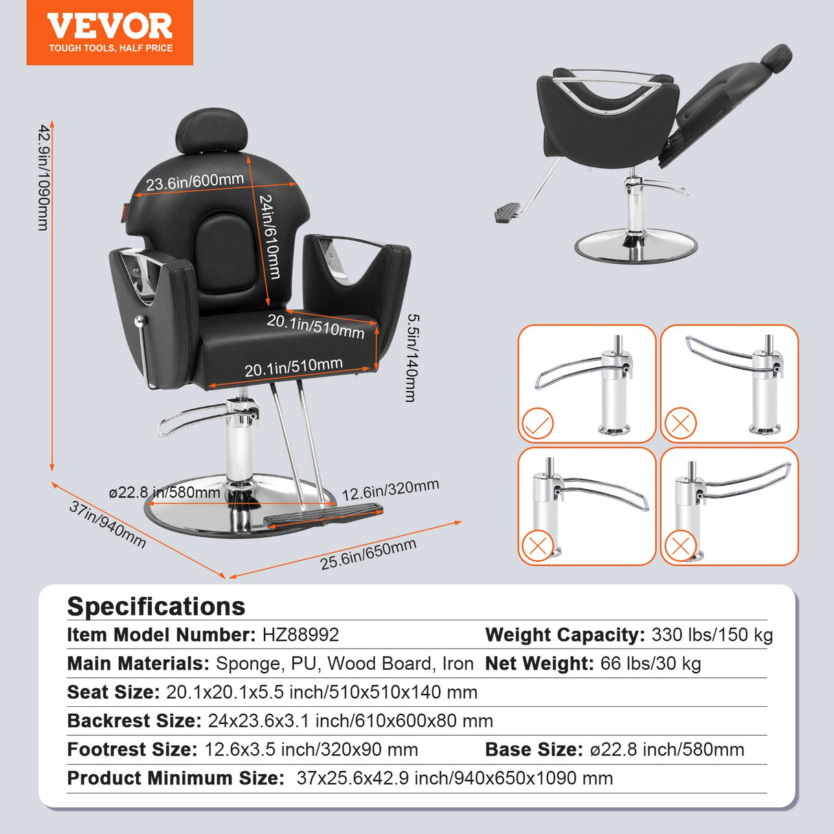 VEVOR Salon Chair Hydraulic Recliner Barber Chair for Hair Stylist 360 Degrees Swivel 90°-130° Reclining Salon Chair for Beauty Spa Shampoo Max Load Weight 330 lbs Black