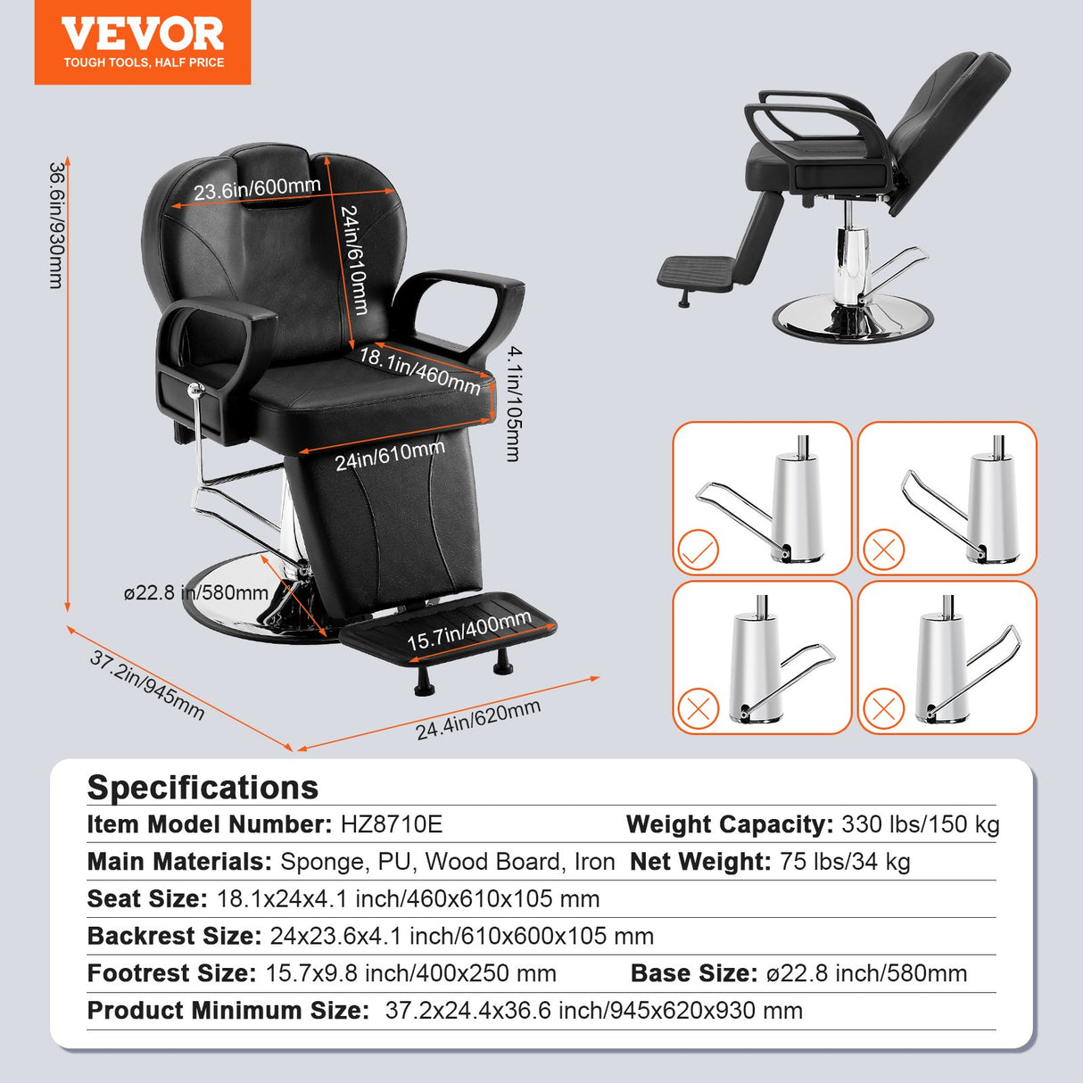 VEVOR Salon Chair Hydraulic Recliner Barber Chair for Hair Stylist 360 Degrees Swivel 90°-130° Reclining Salon Chair for Beauty Spa Shampoo Max Load Weight 330 lbs Black