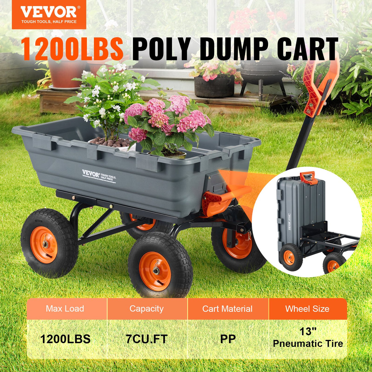 VEVOR Dump Cart, Poly Garden Dump Cart with Easy to Assemble Steel Frame, Dump Wagon with 2-in-1 Convertible Handle, Utility Wheelbarrow 544kg/