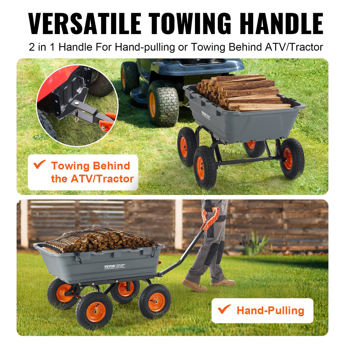 VEVOR Dump Cart, Poly Garden Dump Cart with Easy to Assemble Steel Frame, Dump Wagon with 2-in-1 Convertible Handle, Utility Wheelbarrow 544kg/