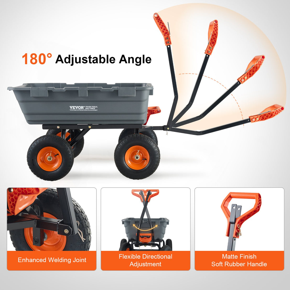 VEVOR Dump Cart, Poly Garden Dump Cart with Easy to Assemble Steel Frame, Dump Wagon with 2-in-1 Convertible Handle, Utility Wheelbarrow  544kg/ 1200lbs Capacity, 33cm/ 13 inch Tires