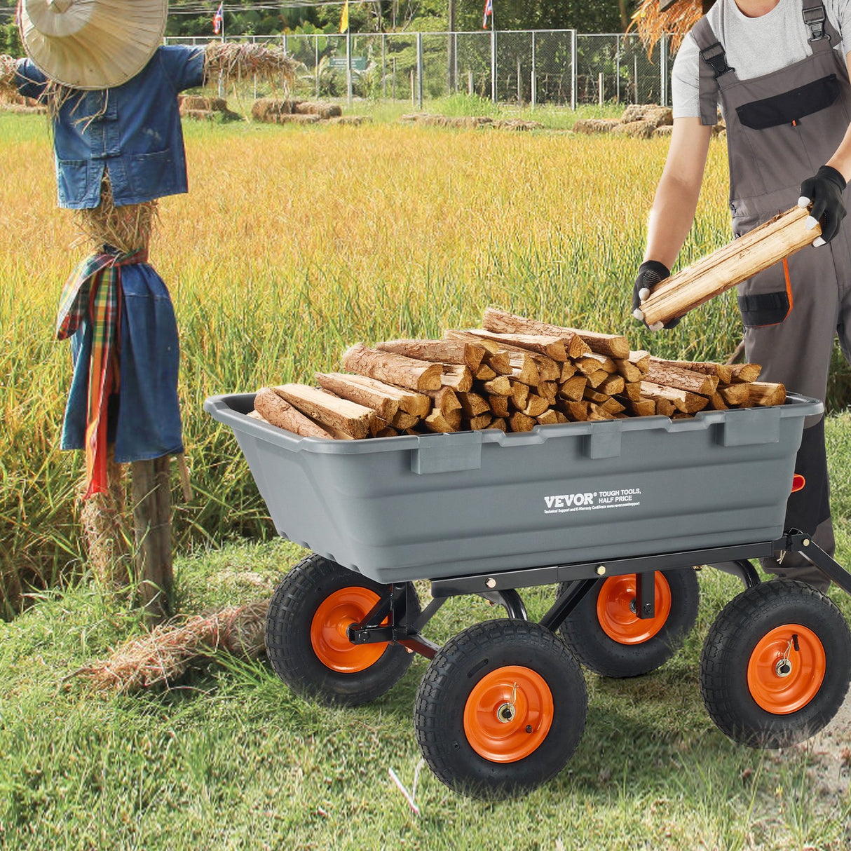 VEVOR Dump Cart, Poly Garden Dump Cart with Easy to Assemble Steel Frame, Dump Wagon with 2-in-1 Convertible Handle, Utility Wheelbarrow 544kg/