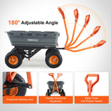 VEVOR Dump Cart, Poly Garden Dump Cart with Easy to Assemble Steel Frame, Dump Wagon with 2-in-1 Convertible Handle, Utility Wheelbarrow 1500 lbs Capacity, 13 inch Tires - Close-Up Angle