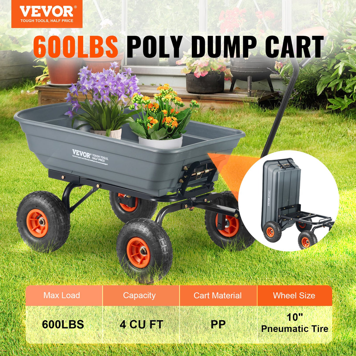 VEVOR Dump Cart, Poly Garden Dump Cart with Easy to Assemble Steel Frame, Dump Wagon with 2-in-1 Convertible Handle, Utility Wheelbarrow 272kg/ 600lbs