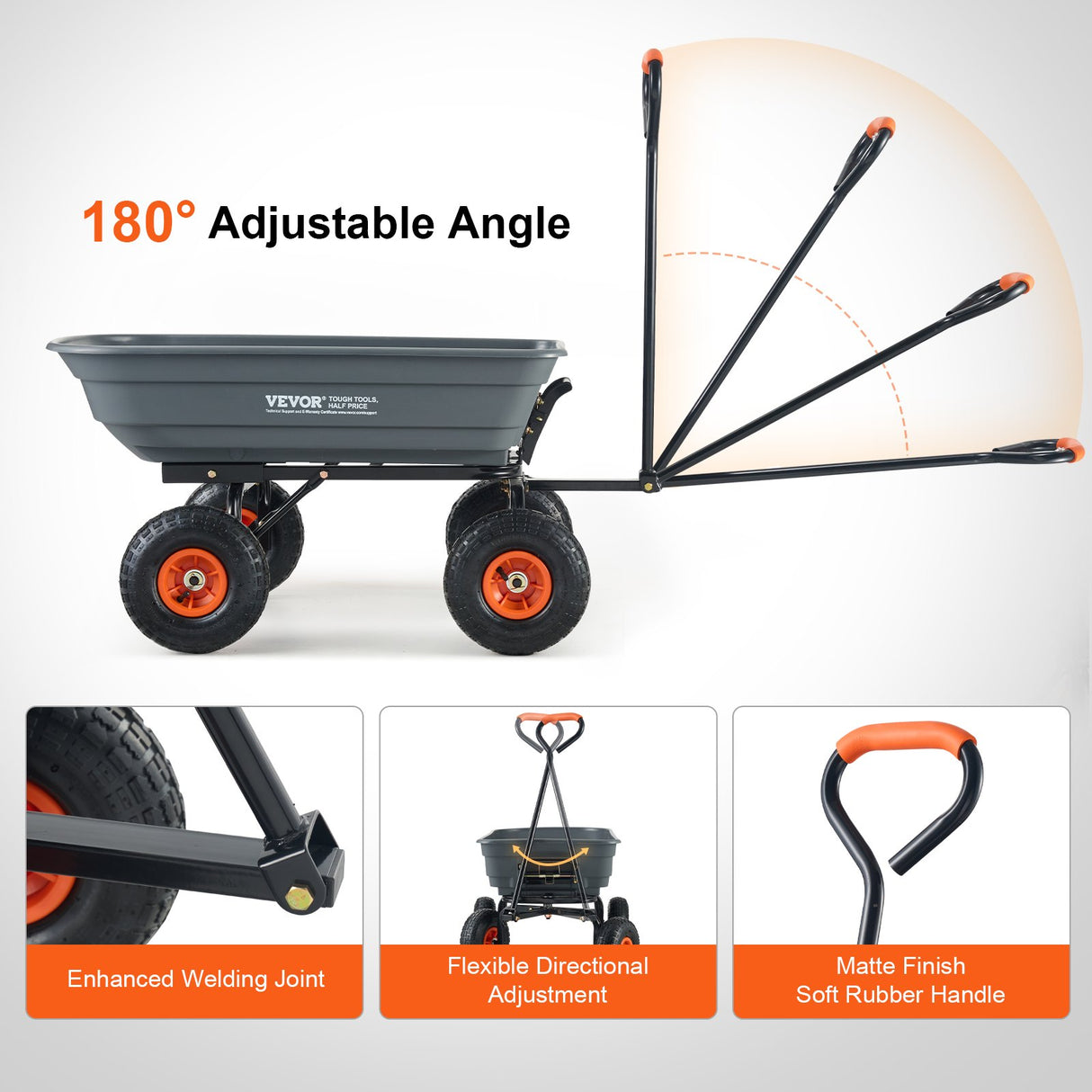 VEVOR Dump Cart, Poly Garden Dump Cart with Easy to Assemble Steel Frame, Dump Wagon with 2-in-1 Convertible Handle, Utility Wheelbarrow 272kg/ 600lbs