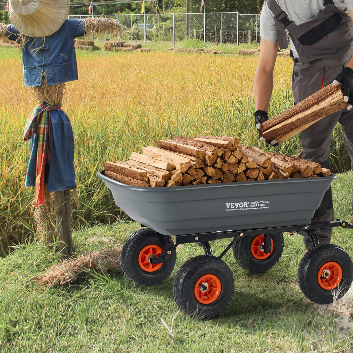 VEVOR Dump Cart, Poly Garden Dump Cart with Easy to Assemble Steel Frame, Dump Wagon with 2-in-1 Convertible Handle, Utility Wheelbarrow 272kg/ 600lbs