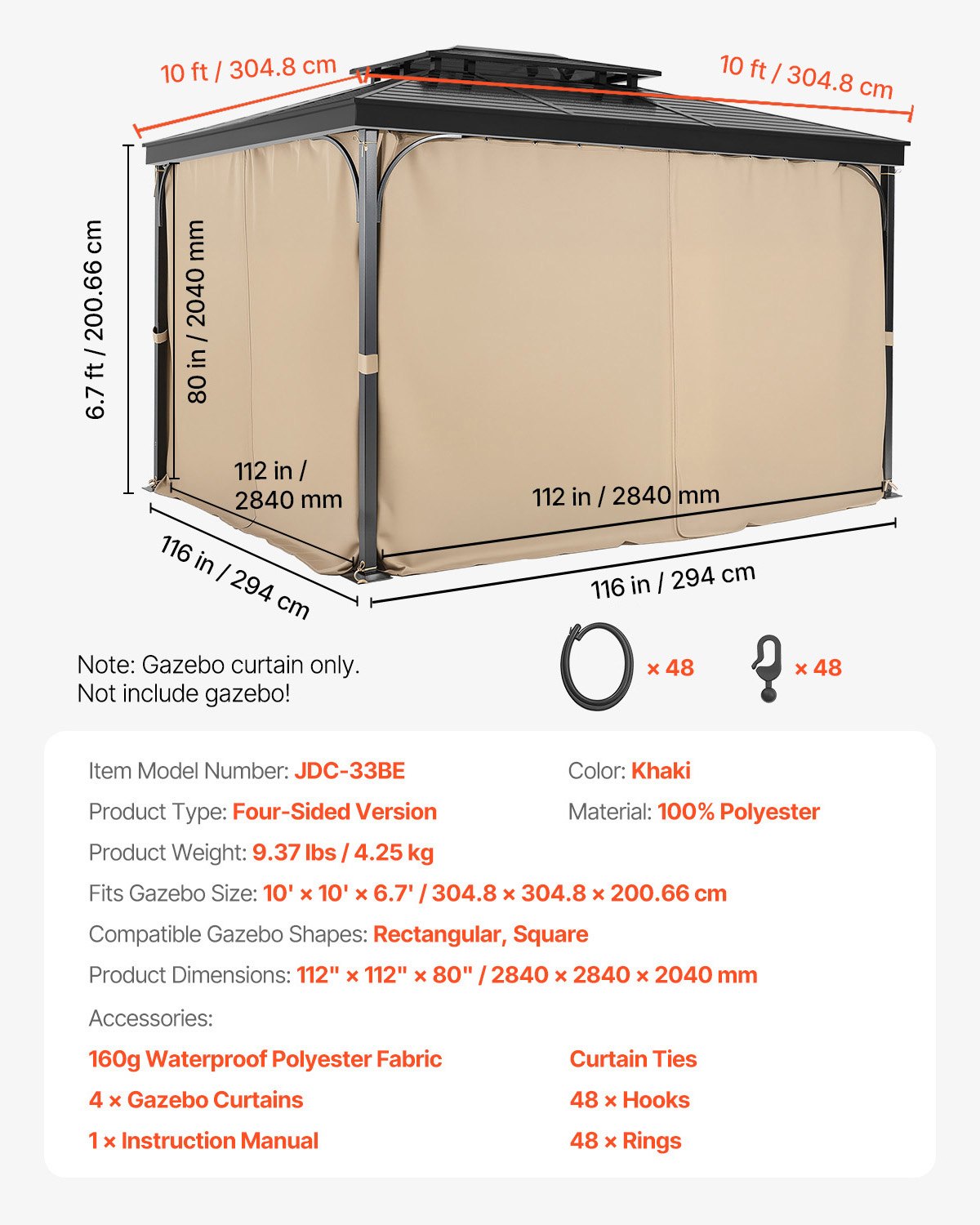 VEVOR Gazebo Curtains Outdoor, Fit Most 10' x 10' x 6.7' Gazebos, 4-Panel Sidewall Gazebo Privacy Curtains with Zippers, Outdoor Curtain Replacement for Patio Canopy, Only Curtain, Khaki