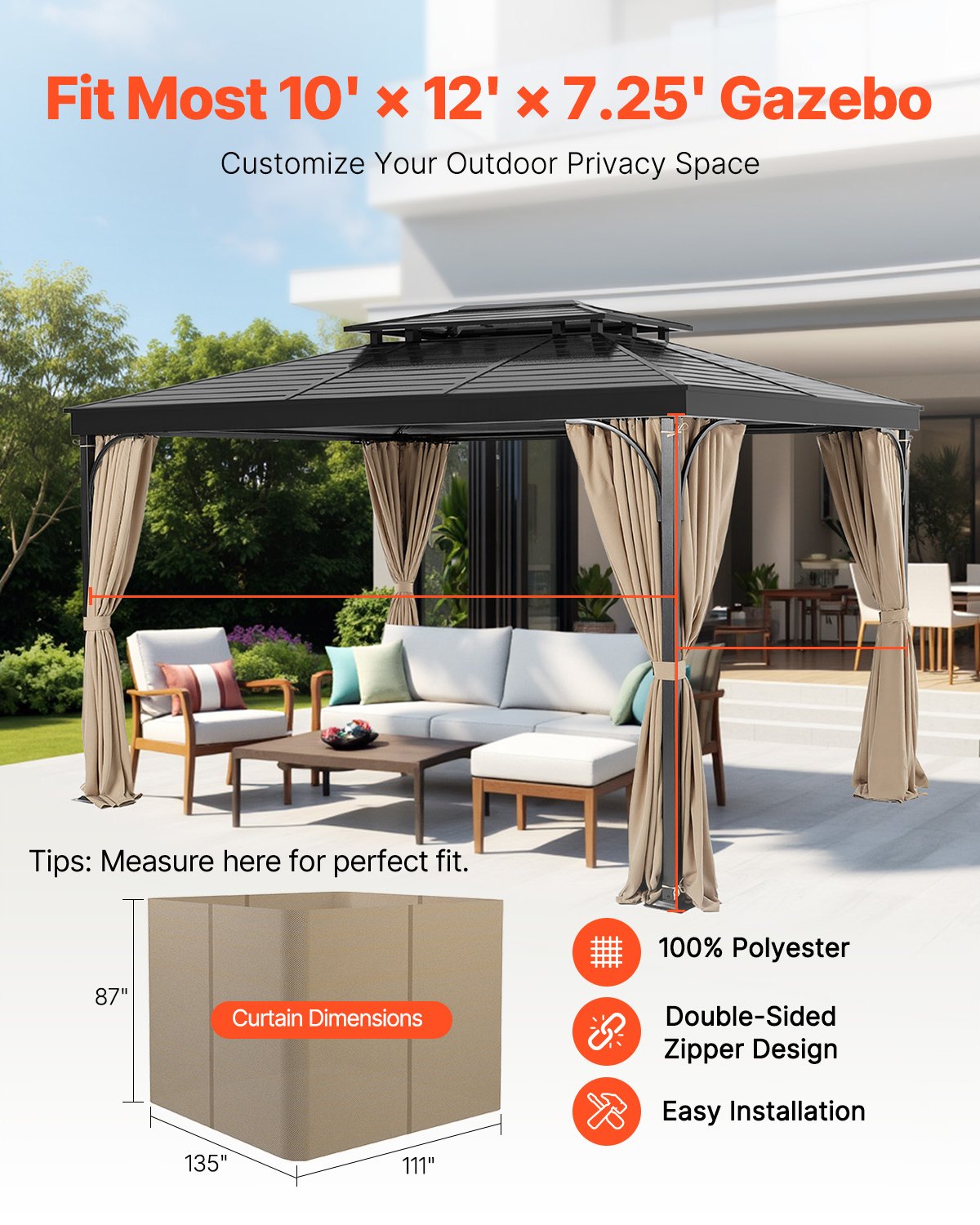 VEVOR Gazebo Curtains Outdoor, 12' x 10' x 7.3' Gazebos, 4-Panel Sidewall Gazebo Privacy Curtains with Zippers, Outdoor Curtain Replacement for Patio Canopy, Only Curtain, Khaki