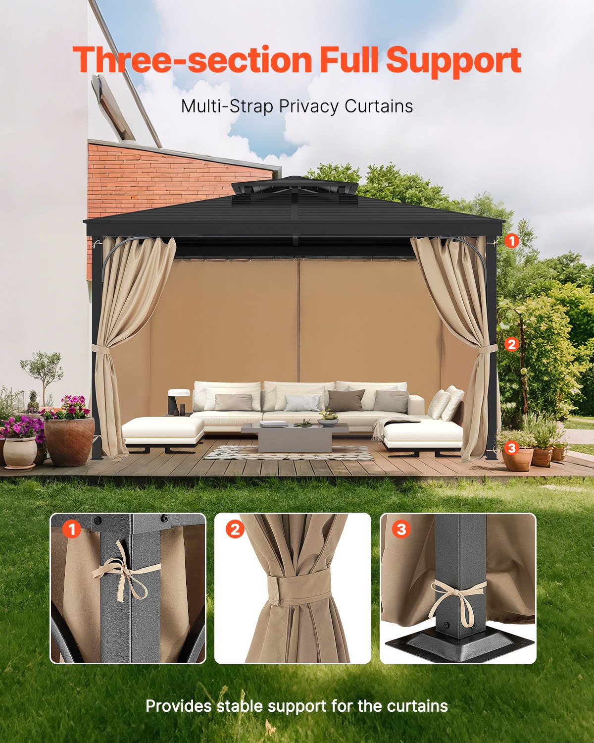 VEVOR Gazebo Curtains Outdoor, 12' x 10' x 7.3' Gazebos, 4-Panel Sidewall Gazebo Privacy Curtains with Zippers, Outdoor Curtain Replacement for Patio Canopy, Only Curtain, Khaki