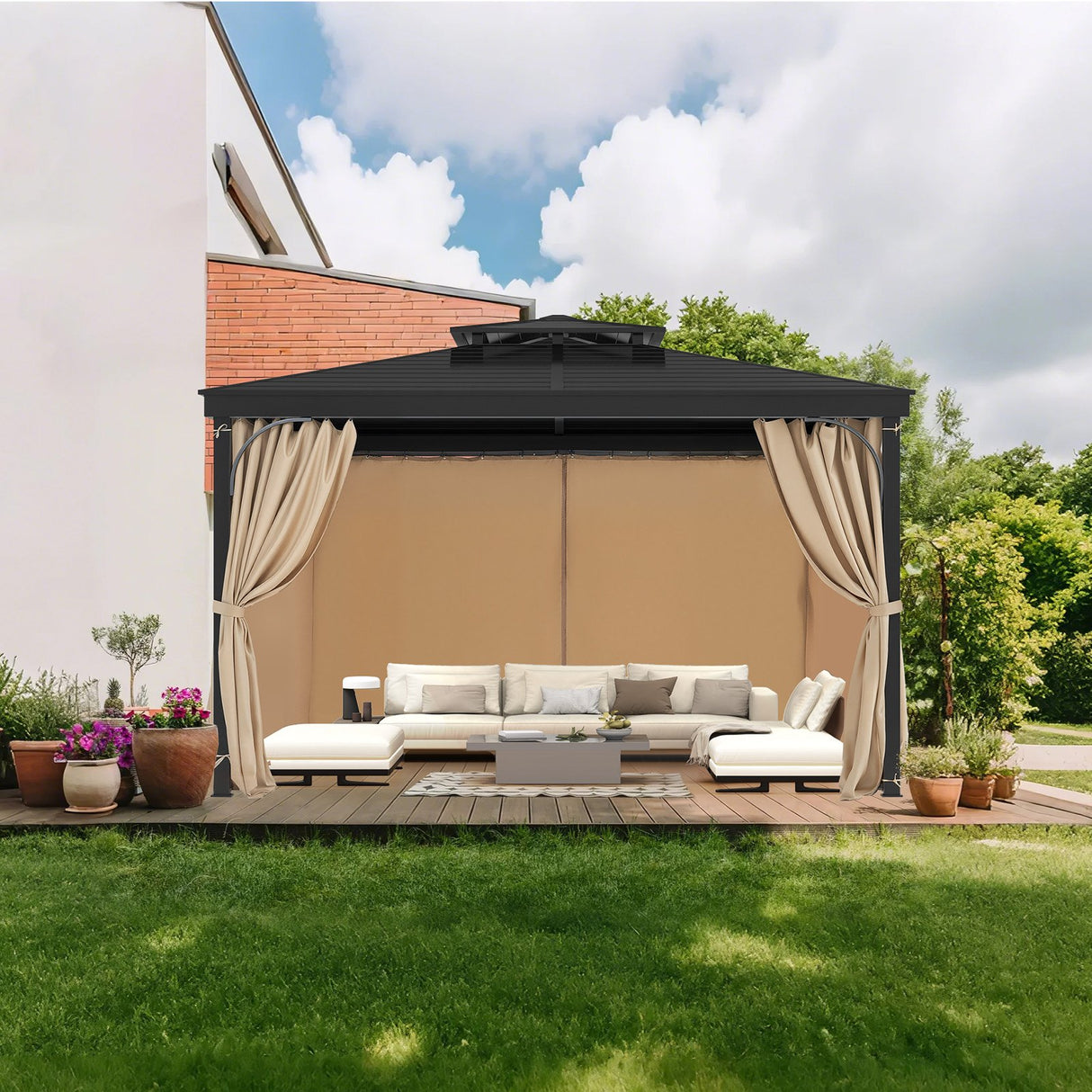 Gazebo Curtains Outdoor, 12' x 10' x 7.3' Gazebos, 4-Panel Sidewall Gazebo Privacy Curtains with Zippers, Outdoor Curtain Replacement for Patio Canopy, Only Curtain, Khaki