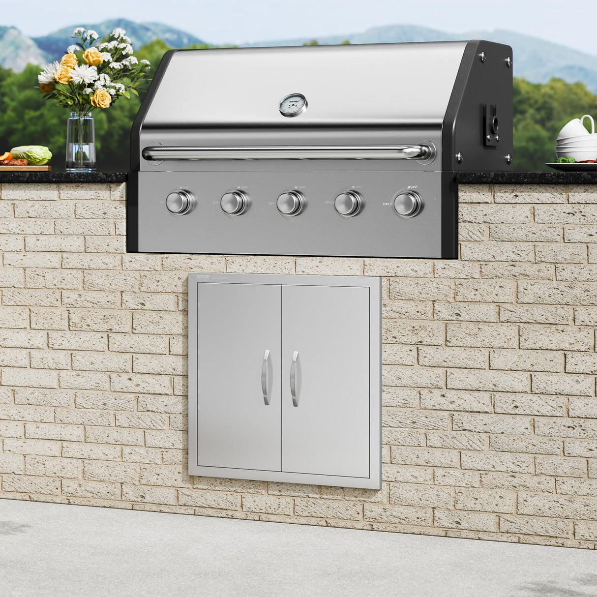 BBQ Access Door, 610x610 mm Double Outdoor Kitchen Door, Stainless Steel Flush Mount Door, Double Wall Vertical Door with Handles and Hooks, for BBQ Island, Grilling Station, Outside Cabinet