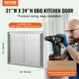 BBQ Access Door, 787x609 mm Double Outdoor Kitchen Door, Stainless Steel Flush Mount Door, Double Wall Vertical Door with Handles and Hooks, for BBQ Island, Grilling Station, Outside Cabinet