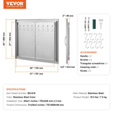 BBQ Access Door, 787x609 mm Double Outdoor Kitchen Door, Stainless Steel Flush Mount Door, Double Wall Vertical Door with Handles and Hooks, for BBQ Island, Grilling Station, Outside Cabinet - Close-Up Angle