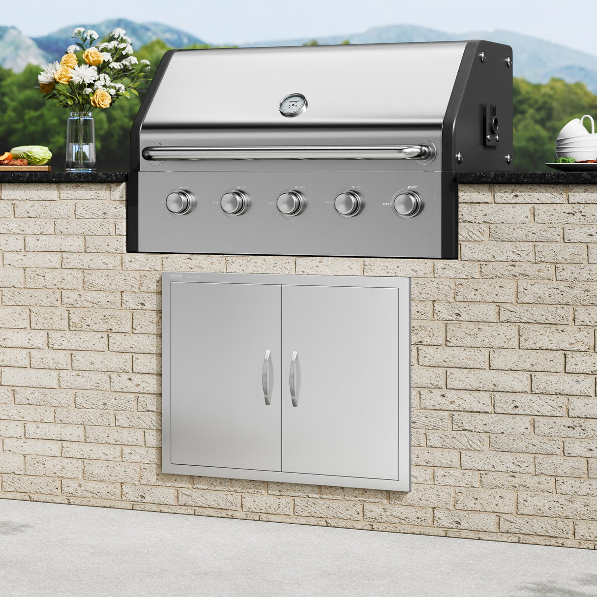BBQ Access Door, 787x609 mm Double Outdoor Kitchen Door, Stainless Steel Flush Mount Door, Double Wall Vertical Door with Handles and Hooks, for BBQ Island, Grilling Station, Outside Cabinet