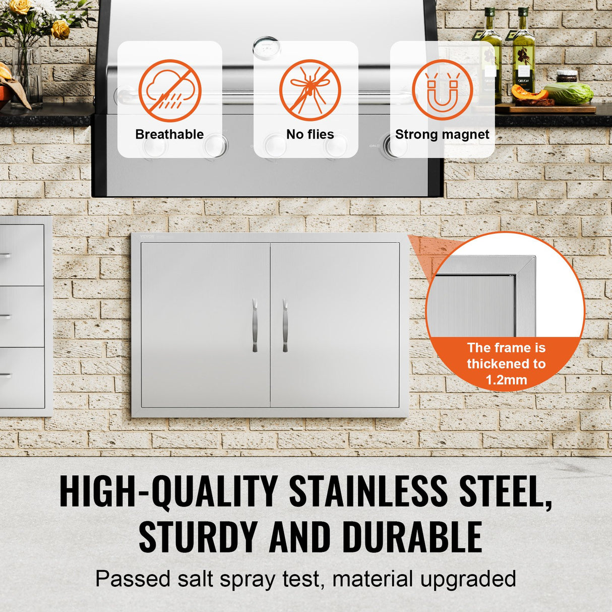 VEVOR BBQ Access Door, 838x558 mm Double Outdoor Kitchen Door, Stainless Steel Flush Mount Door, Wall Vertical Door with Handles, for BBQ Island,