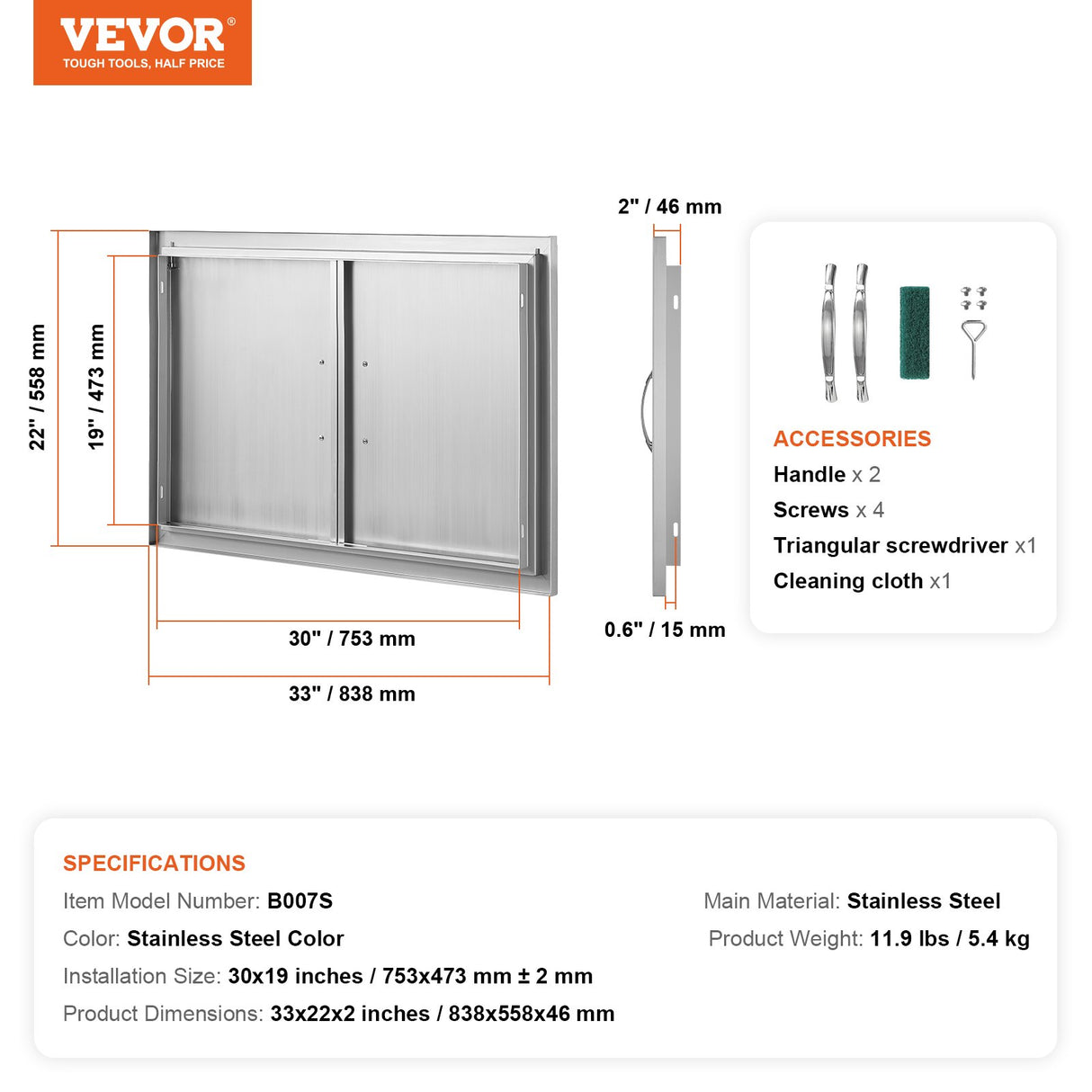 VEVOR BBQ Access Door, 838x558 mm Double Outdoor Kitchen Door, Stainless Steel Flush Mount Door, Wall Vertical Door with Handles, for BBQ Island,