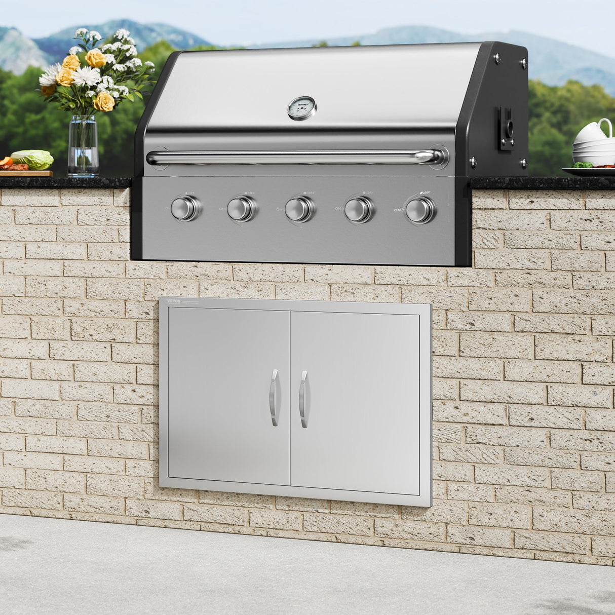 VEVOR BBQ Access Door, 838x558 mm Double Outdoor Kitchen Door, Stainless Steel Flush Mount Door, Wall Vertical Door with Handles, for BBQ Island,