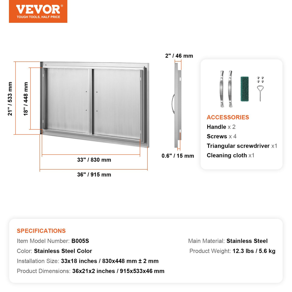 VEVOR BBQ Access Door, 915x533 mm Double Outdoor Kitchen Door, Stainless Steel Flush Mount Door, Wall Vertical Door with Handles, for BBQ Island,
