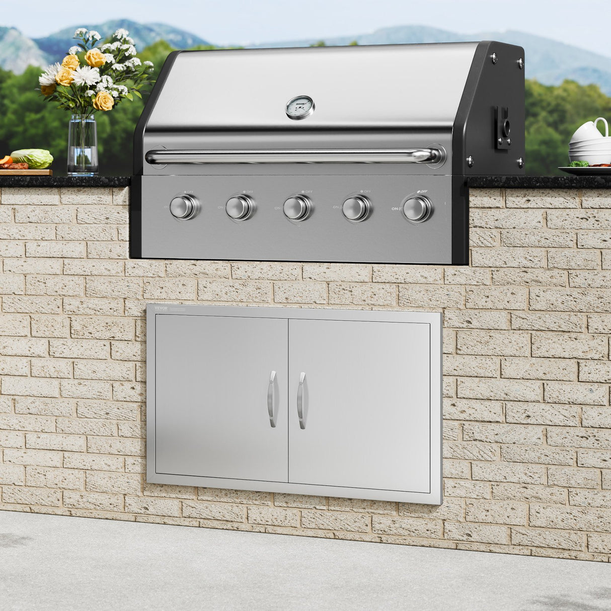 VEVOR BBQ Access Door, 915x533 mm Double Outdoor Kitchen Door, Stainless Steel Flush Mount Door, Wall Vertical Door with Handles, for BBQ Island,