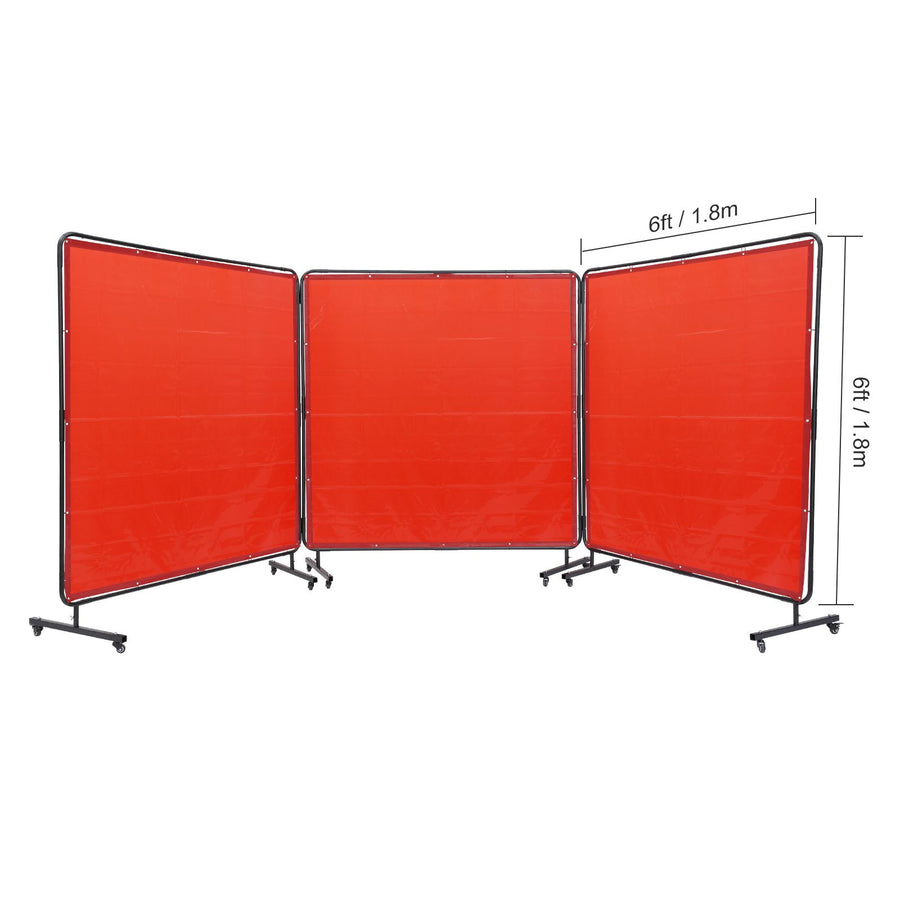Welding Screen with Frame, 6' x 6' 3 Panel Welding Curtain Screens, Flame-Resistant Vinyl Welding Protection Screen on 12 Swivel Wheels (6 Lockable), Moveable & Professional for Workshop, Red