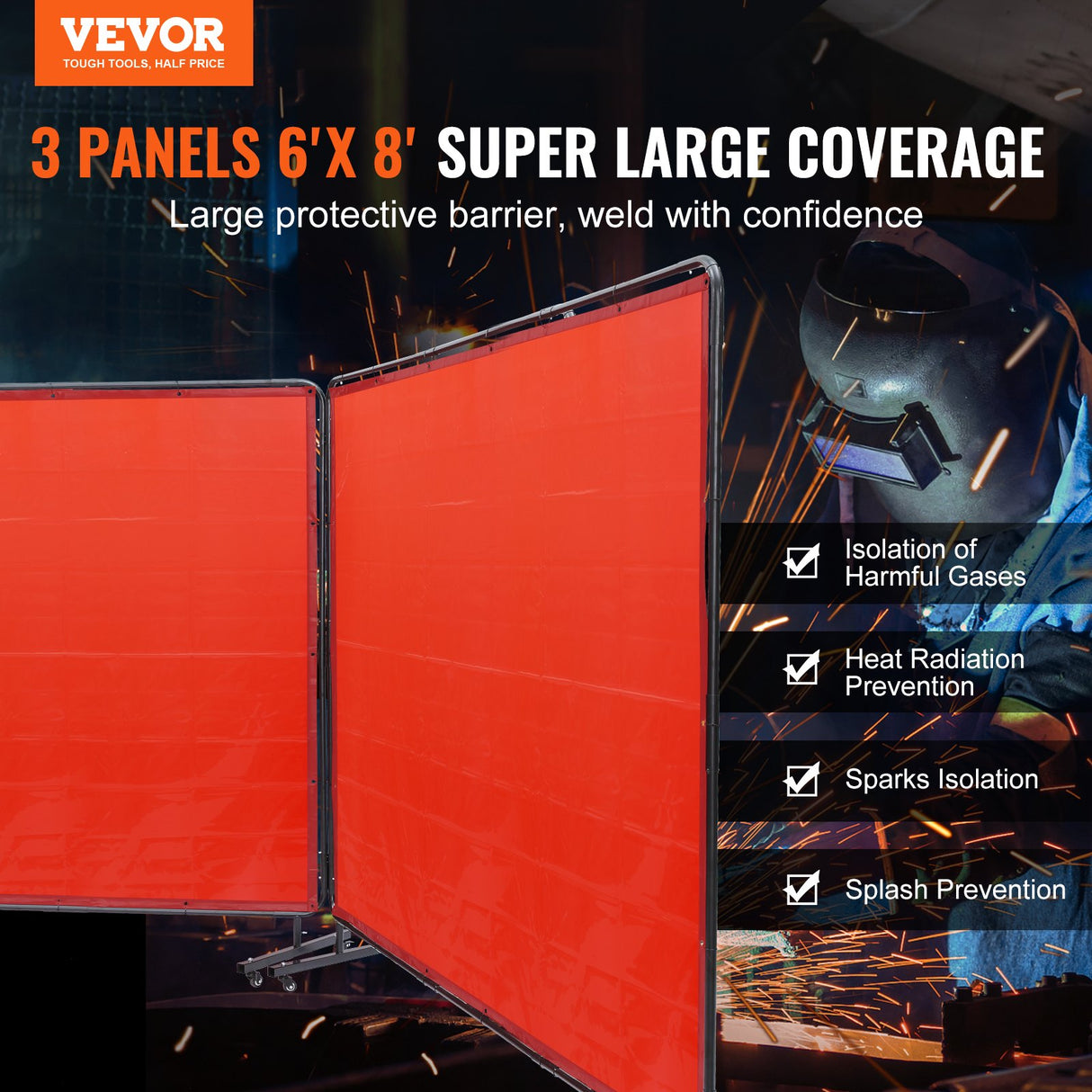 VEVOR Welding Screen with Frame 3 Panel 6' x 8' Welding Curtain Screen 12 Wheels