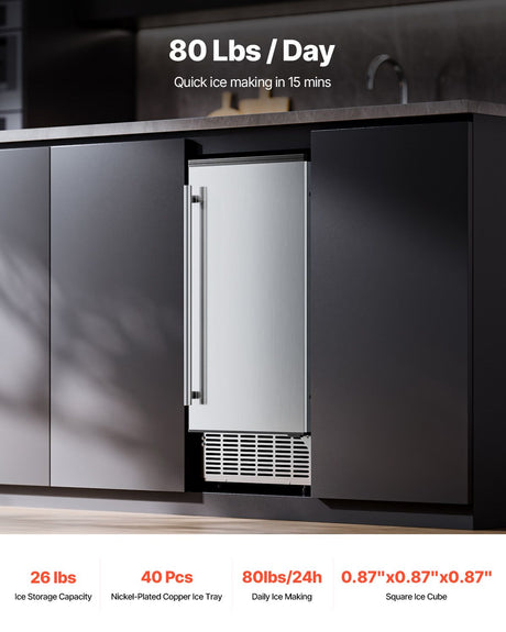 Undercounter Built-in Ice Maker, 80 Lbs/Day Under Counter Ice Maker Machine with Reversible Door Stainless, Electric