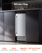 Undercounter Built-in Ice Maker, 80 Lbs/Day Under Counter Ice Maker Machine with Reversible Door Stainless Steel, Freestanding Ice Maker for Commercial Home Kitchen, Electric Drainage