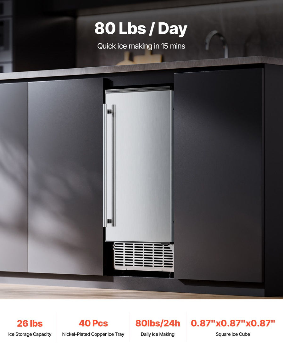 Undercounter Built-in Ice Maker, 80 Lbs/Day Under Counter Ice Maker Machine with Reversible Door Stainless Steel, Freestanding Ice Maker for Commercial Home Kitchen, Electric Drainage