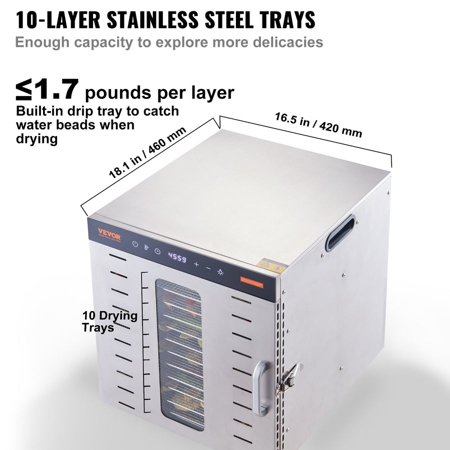 VEVOR 10 Trays Food Dehydrator Machine Stainless Steel 1000W Jerky Fruit Drying, image 3