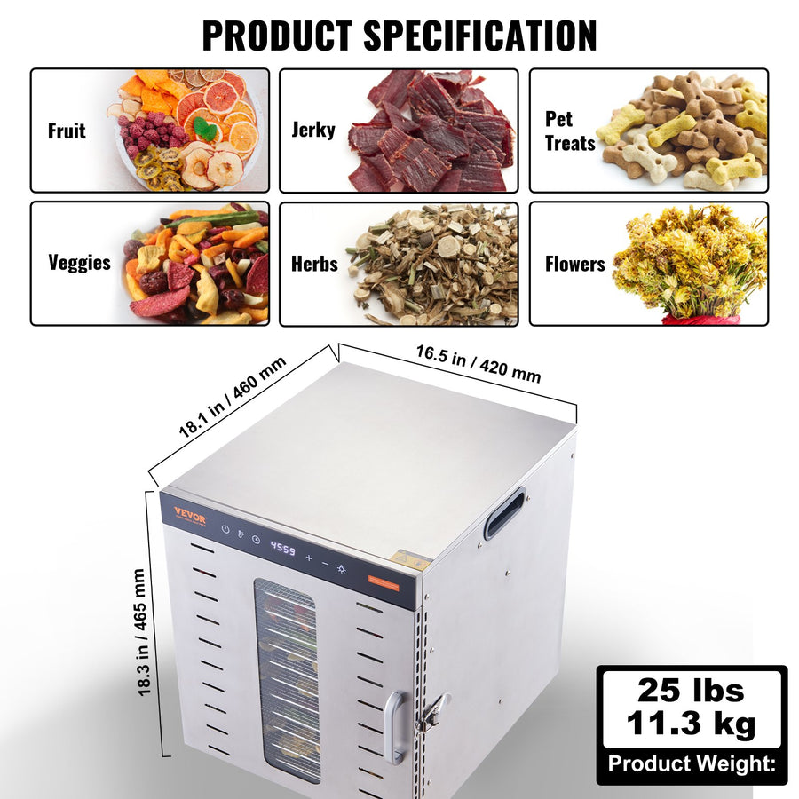 VEVOR 10 Trays Food Dehydrator Machine Stainless Steel 1000W Jerky Fruit Drying, image 7