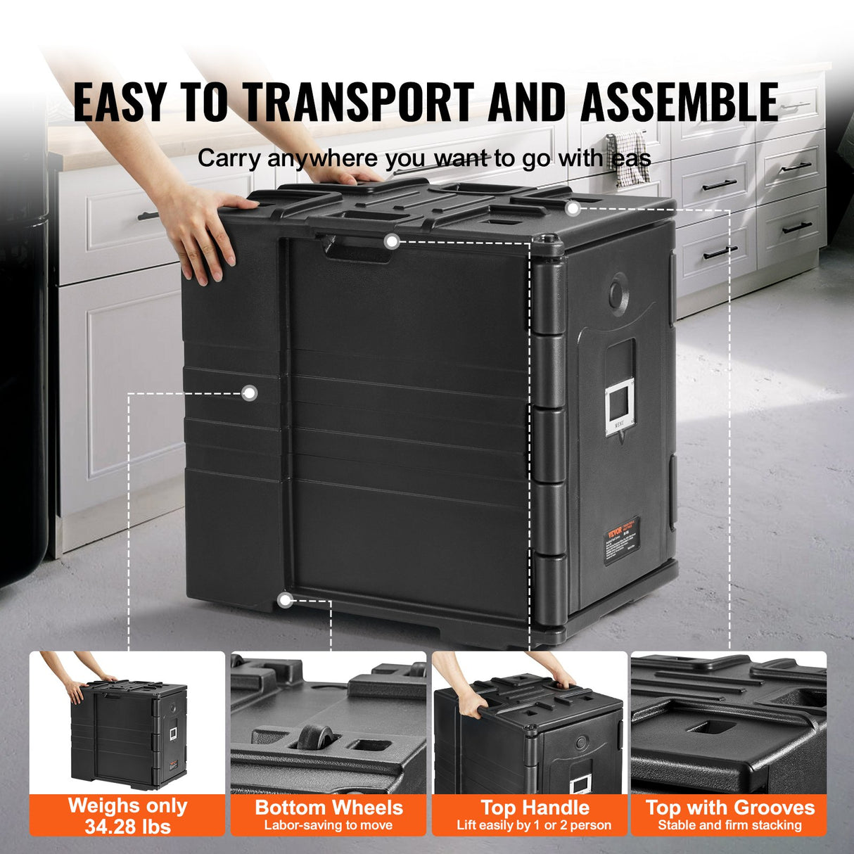 VEVOR Insulated Food Pan Carrier, 82 Qt Hot Box for Catering, LLDPE Food Box Carrier w/ Double Buckles, Front Loading Food Warmer w/ Handles,