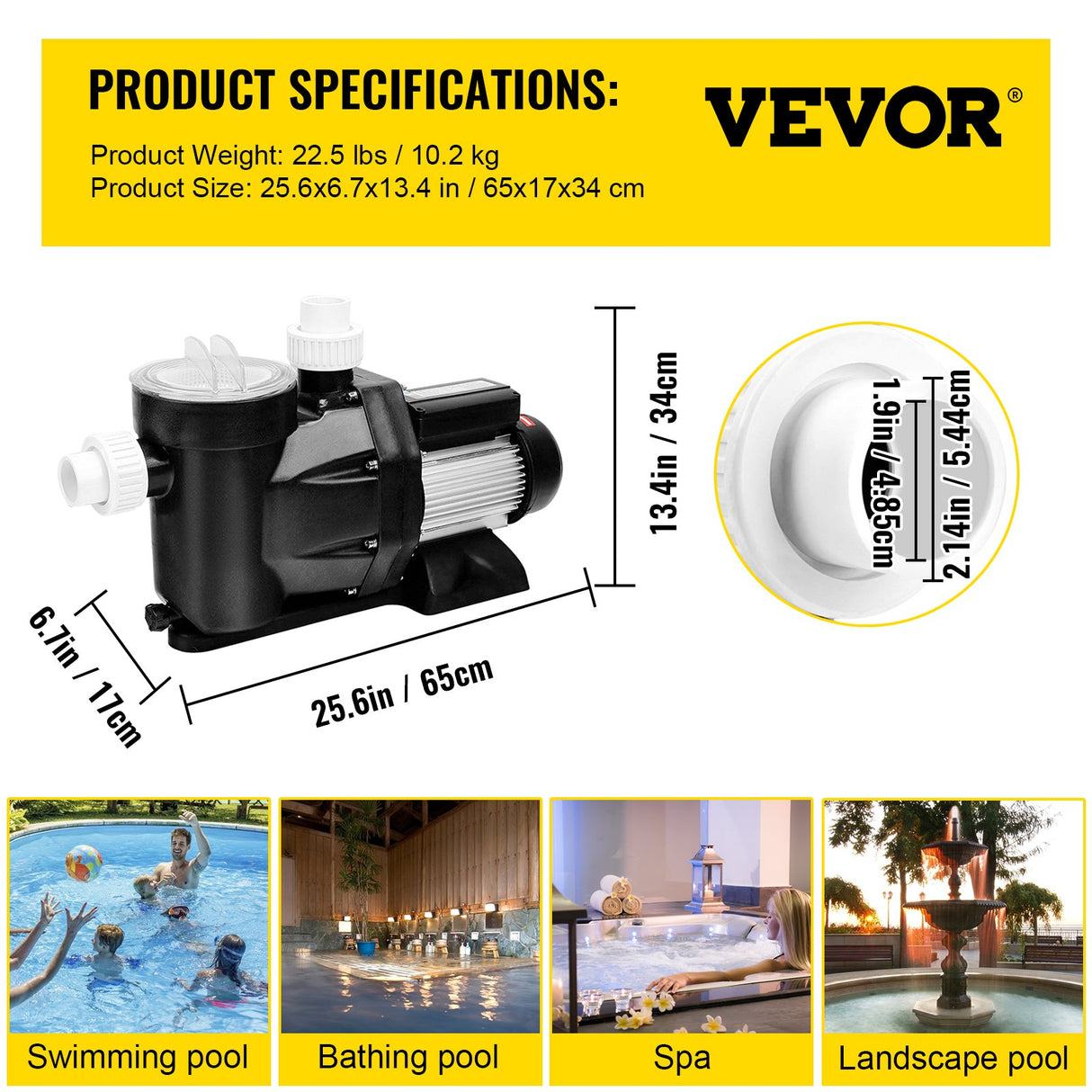 VEVOR Swimming Pool Filter Pump 2.5HP, 1850W Swimming Pool Pump 148GPM, Single Speed Filter for Spa